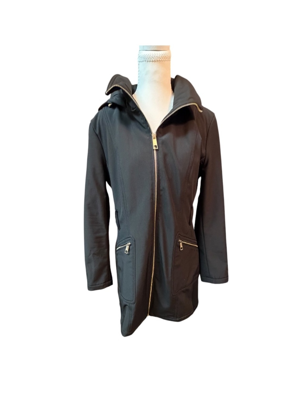 Guess Black Hooded Softshell Coat Gold Zipper Womens Large - Picture 3 of 8
